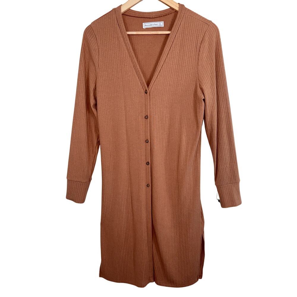 Abercrombie & Fitch Brown Tan Ribbed Knit V-Neck Cardigan Sweater Womens Size L